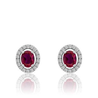 Boucles D'Oreilles En Or Jaune 18 Carats Avec Rubis Ovale 1 Ct - Neuf Avec Étiquettes