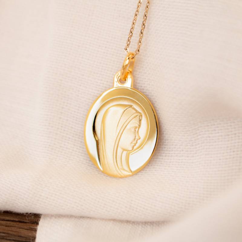 Collier Pendentif Ovale Vierge Marie Plaqué Or 750 – 45 Cm, Bijouterie Religieuse