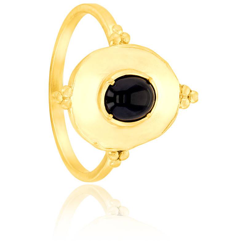 Bague Ancienne En Plaqué Or - Pierre Noire Et Strass - Taille 56 - Vintage Années 70