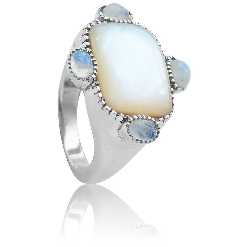Bague Vintage Femme En Argent Massif Et Nacre, Taille 56 - Occasion TBE